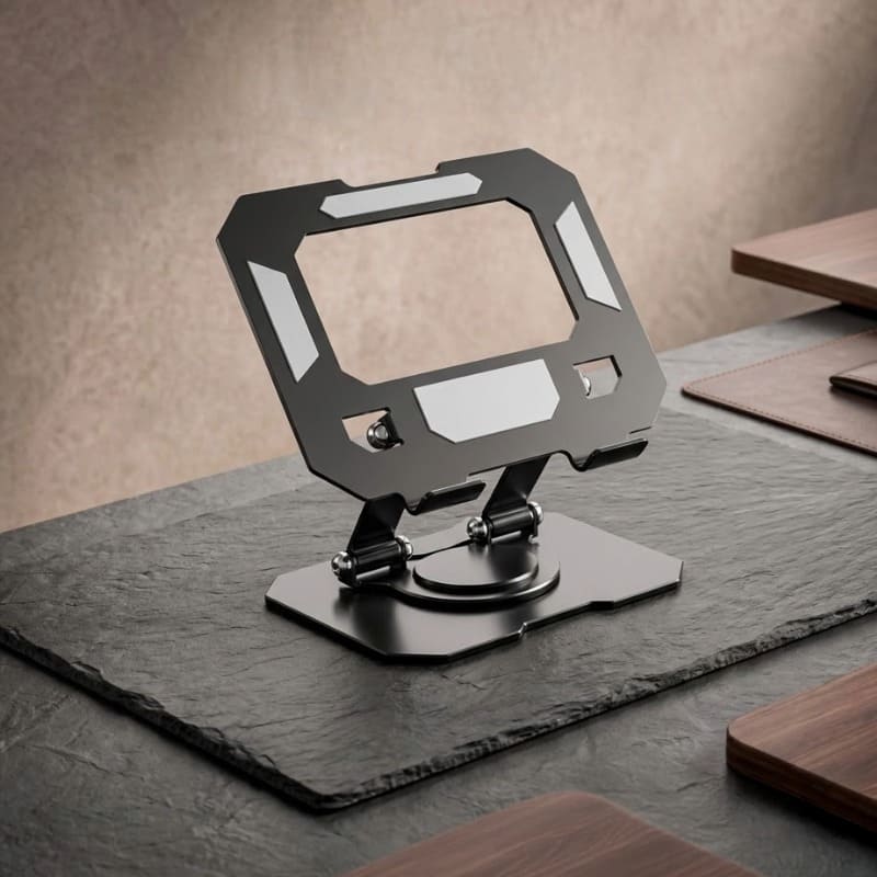 360° rotating laptop stand in black on a desk