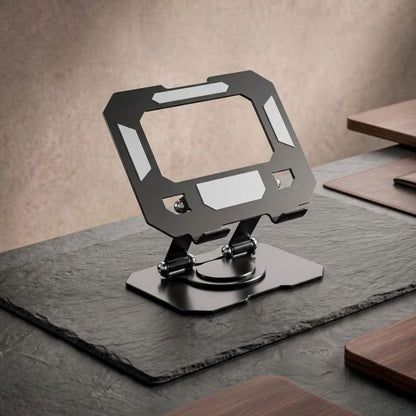 360° rotating laptop stand in black on a desk