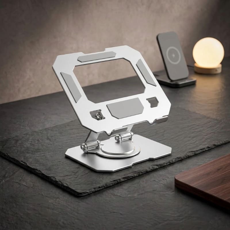 360° rotating laptop stand in silver on a desk