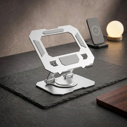 360° rotating laptop stand in silver on a desk