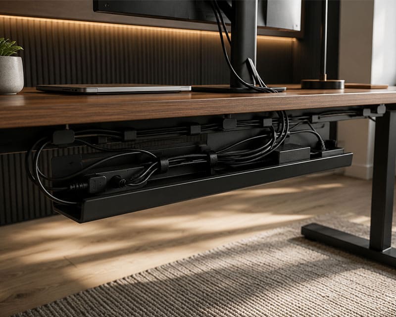Cable management setup with an under-desk cable tray