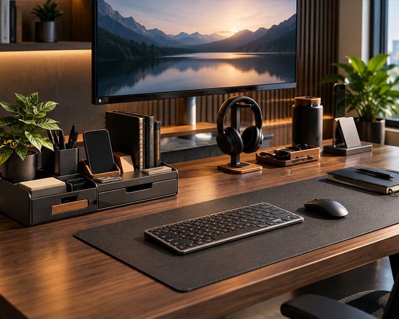 Smart desk setup with modern workspace tech and accessories